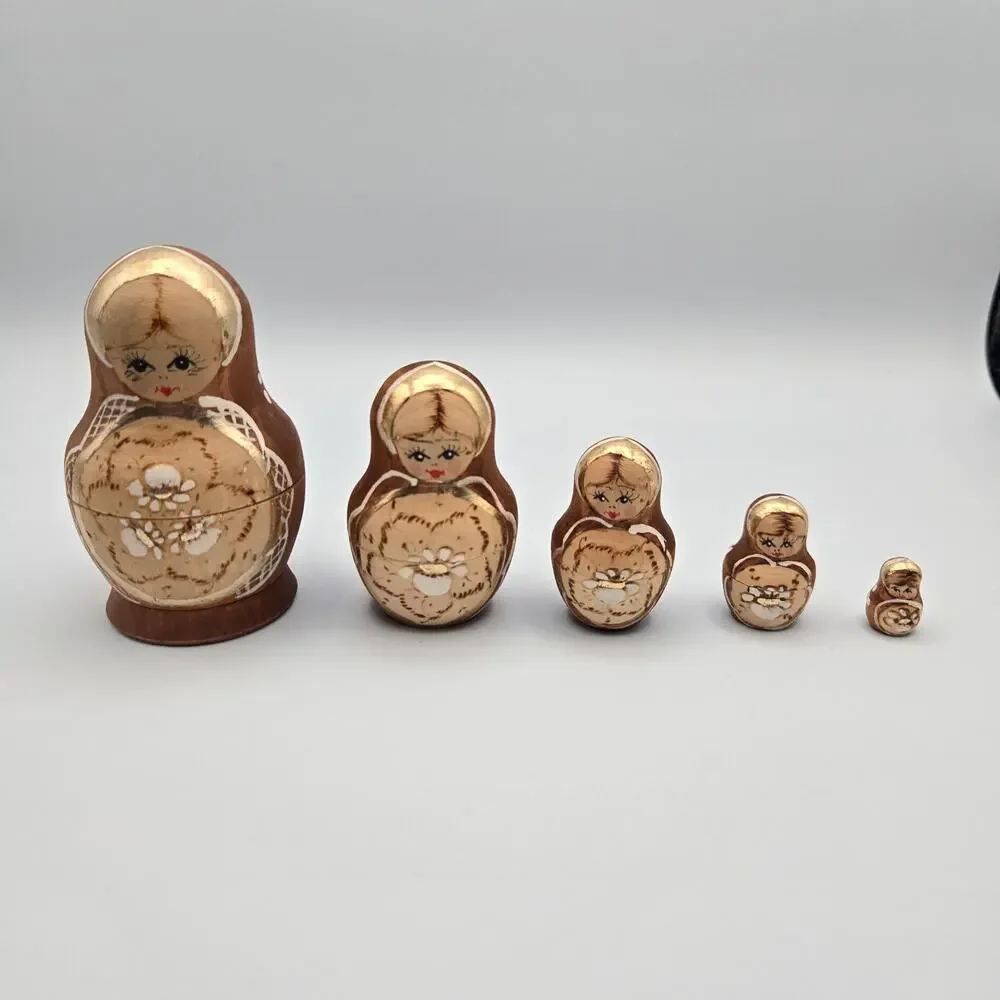 5 Piece Russian Nesting Doll Set w/Gold Accents Hand Painted hand carved wood